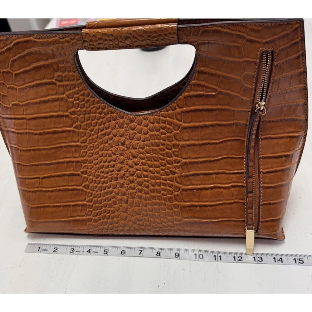 Croc Embossed Brown Faux Leather Clutch Purse Cutout Handle Shoulder Bag - Picture 10 of 16